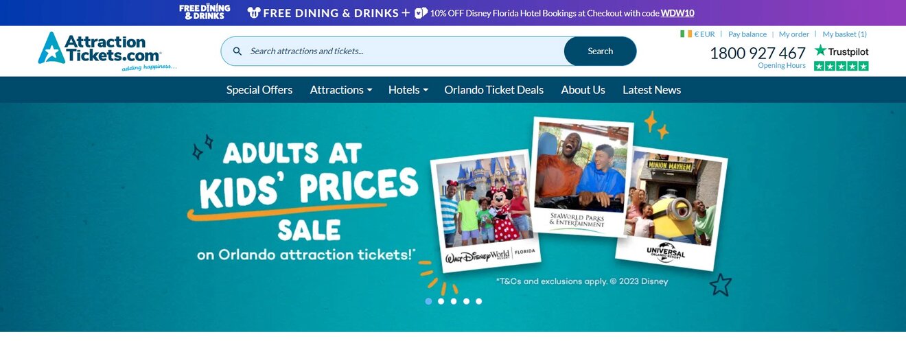 Homepage of the Attractiontickets website