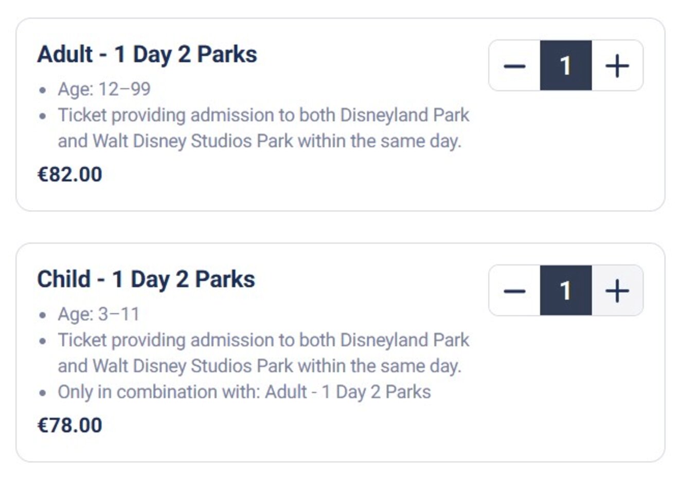 Screenshot of a form to enter a name and phone number for Disneyland Paris ticket booking, showing ticket details and prices on the right, with a total price of €104.50.