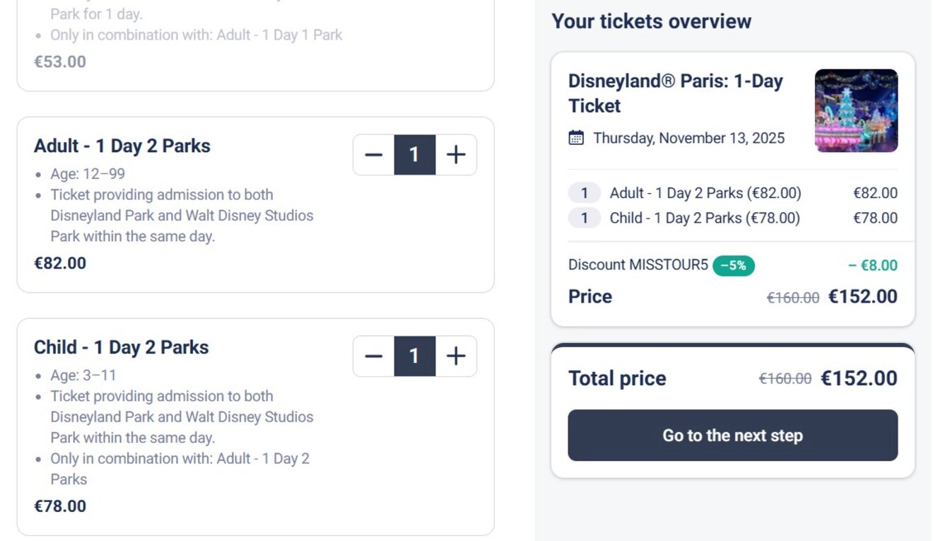 Screenshot of a Disneyland Paris ticket purchase page showing options for adult and child tickets for either one or two parks, with a discount applied and a total price of €104.50.