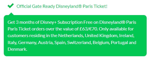 Green banner with text offering 3 months of Disney+ subscription free on Disneyland Paris ticket orders over £63/€70. Offer is for residents of select European countries.