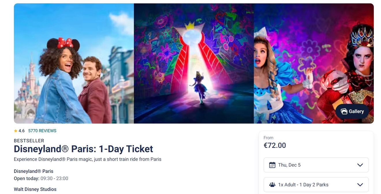 A promotional image for Disneyland Paris 1-day ticket. Three colorful images depict park attractions. Text details ticket prices, availability, and visitor ratings.