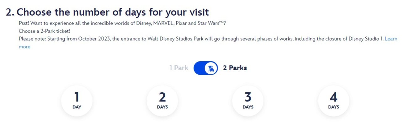A website section asking users to choose the number of days for their visit, offering options for 1, 2, 3, or 4-day tickets for either one or two parks.