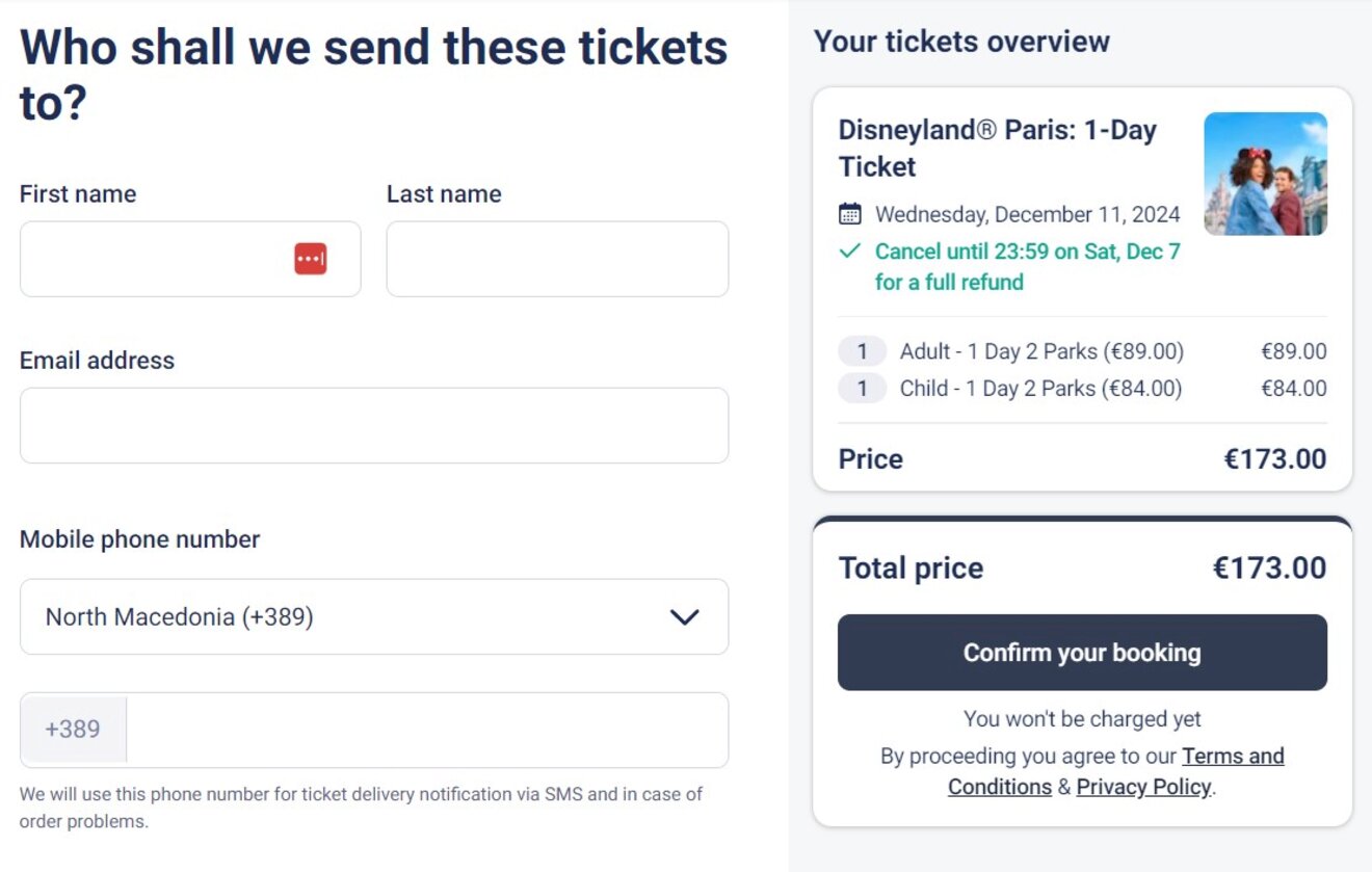 Booking form for Disneyland Paris tickets showing fields for first name, last name, and email address. Total price is €89, with an option to confirm the booking.
