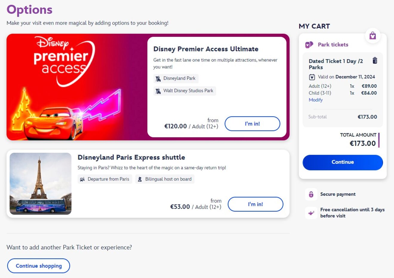 Disneyland Paris booking page showing options for Disney Premier Access Ultimate and Disneyland Paris Express shuttle