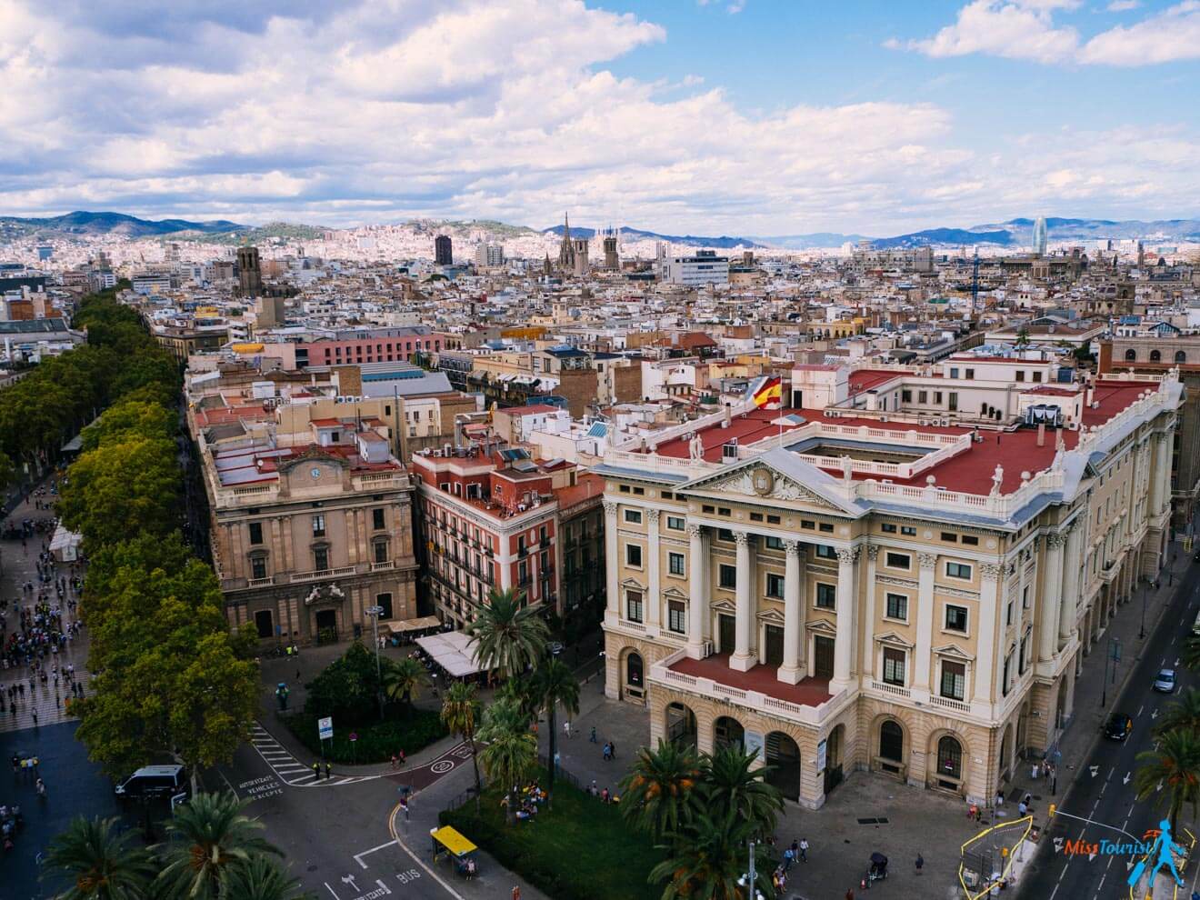 Aerial view of a cityscape featuring historical buildings, green spaces, and a bustling urban environment under a blue sky with scattered clouds.