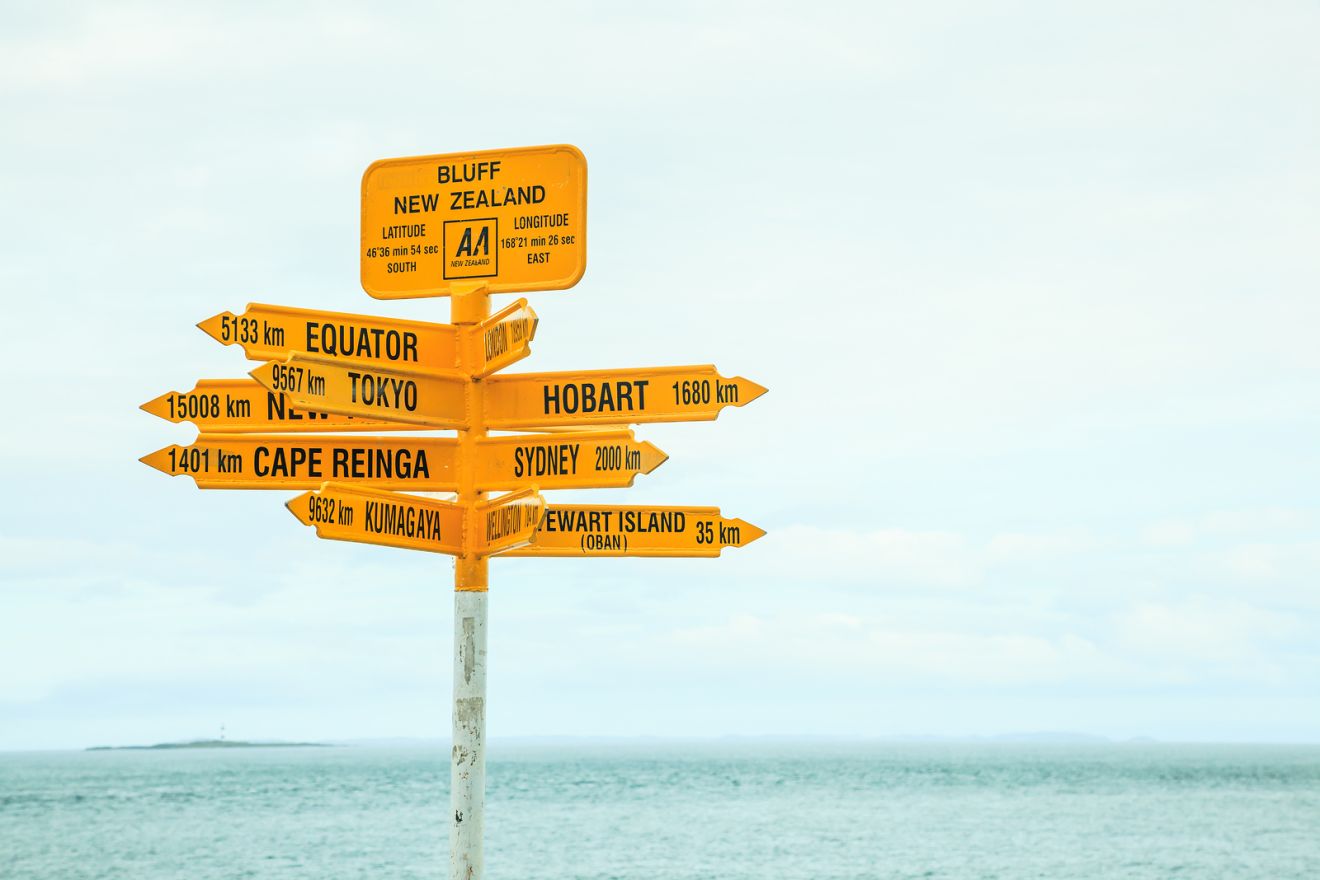 Bluff New Zealand Yellow Signpost, With Arrows Pointing To Diffe