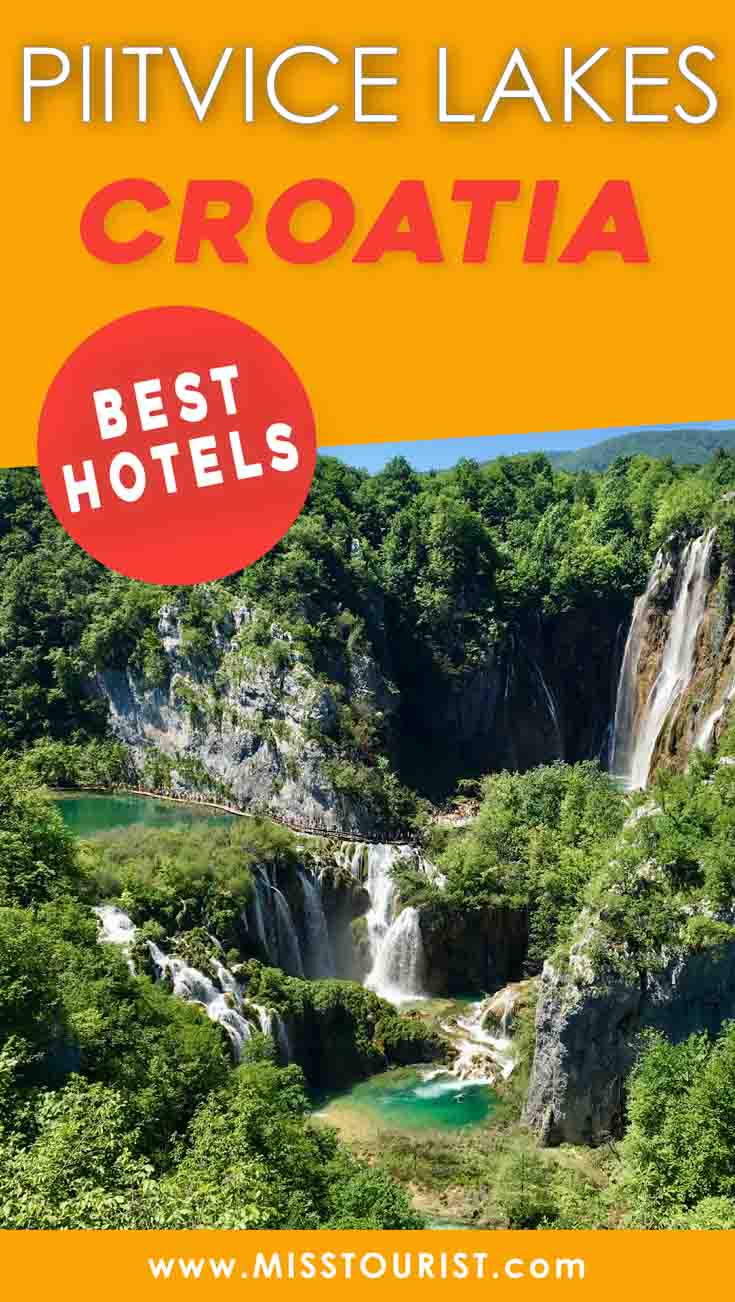 Promotional image with text 'Pitvice Lakes Croatia Best Hotels' over an image of the national park
