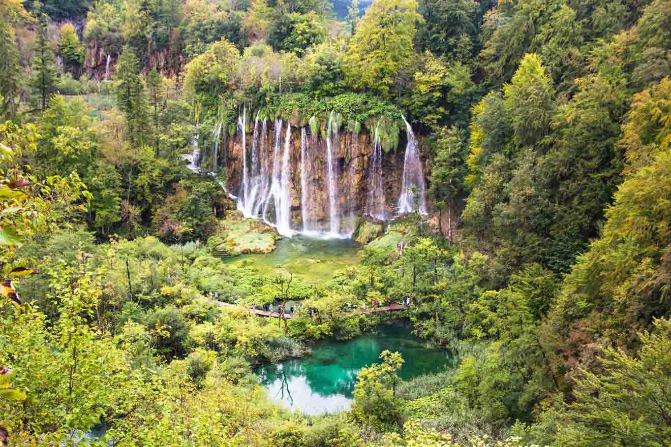 A close-up of one of Plitvice Lakes' waterfalls surrounded by vibrant green vegetation
