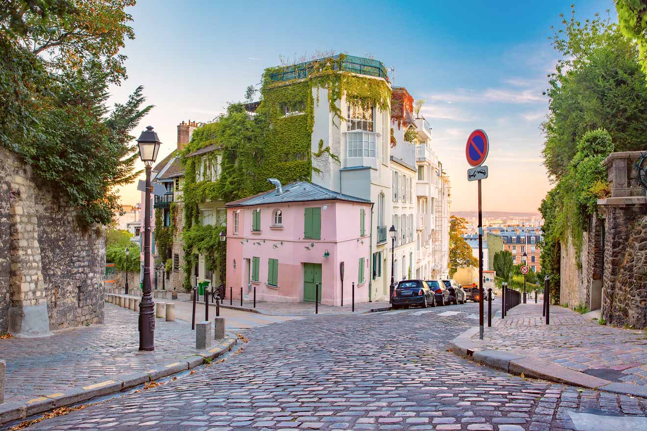A cobblestone street in montmartre paris, france.