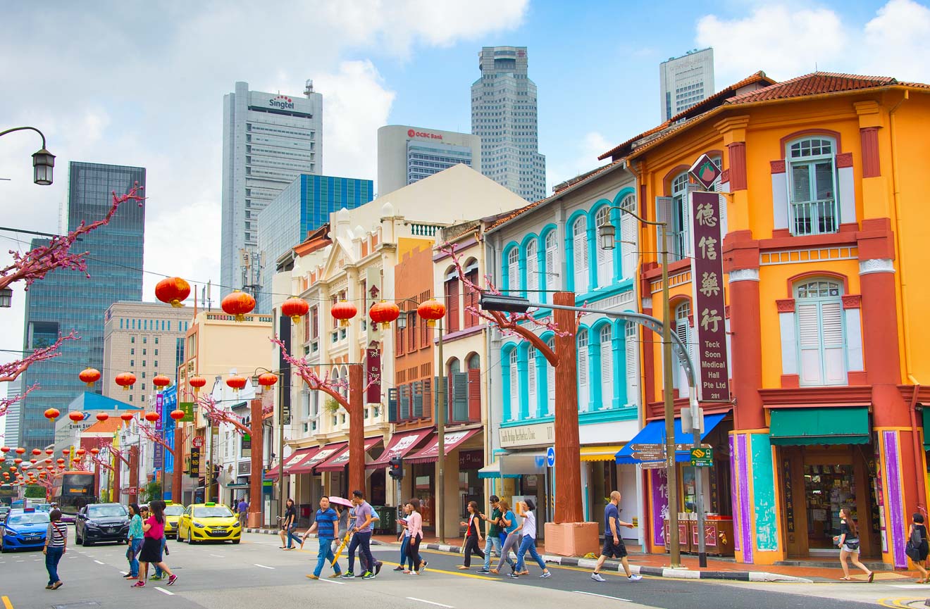 A street with colorful houses in Chinatown Singapore