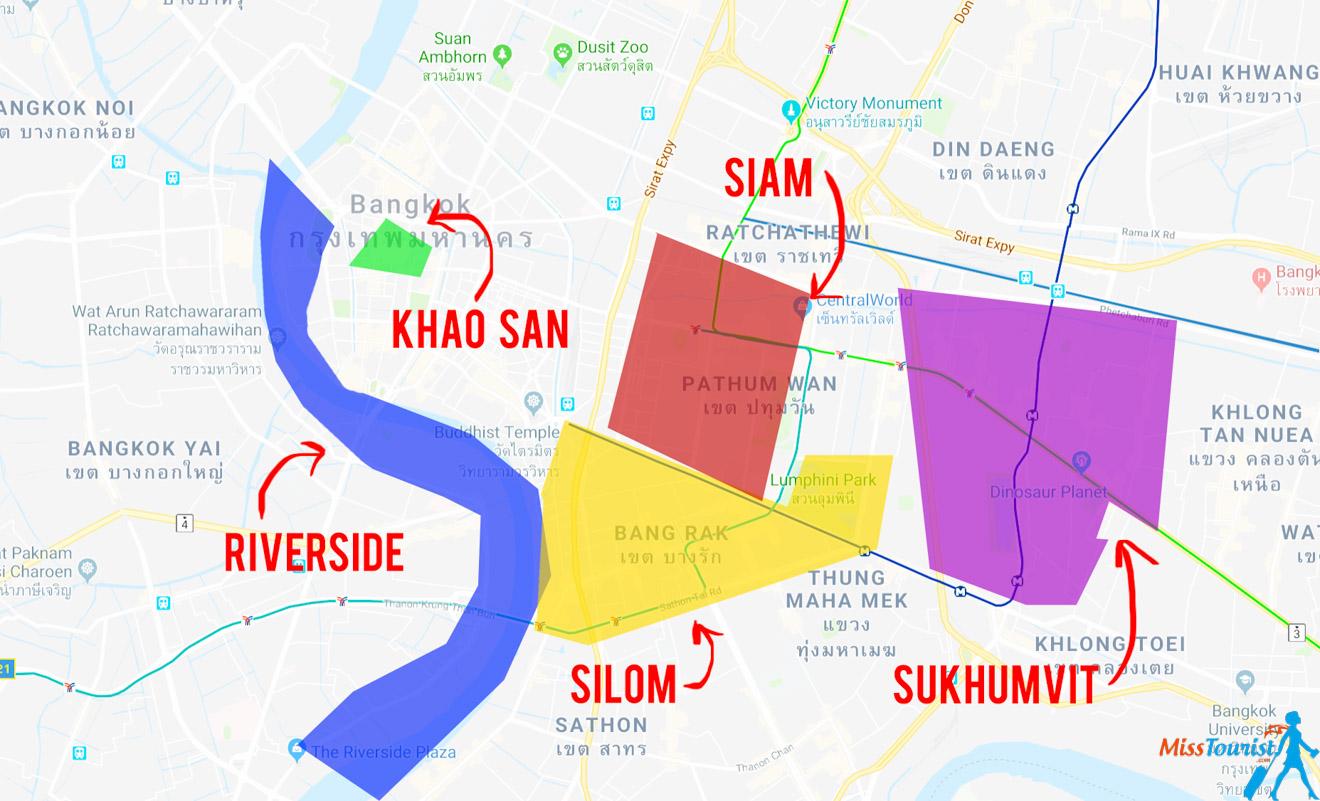 Где лучше остановиться. Районы Бангкока на карте. Район силом Бангкоке. Бангкок районы города. Карта Бангкока где какой район.