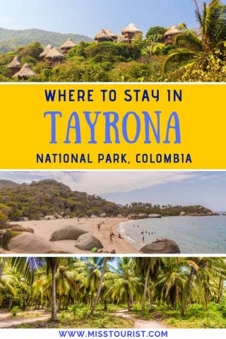 A collage for "Where to stay in Tayrona National Park, Colombia" featuring three images: thatched roof huts amidst greenery, a beach with people near large rocks, and a path lined with palm trees.