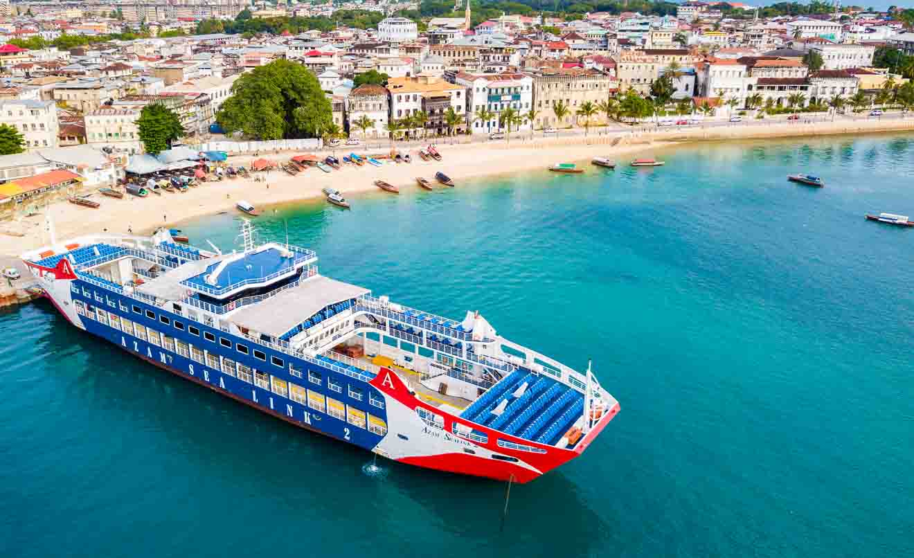 Aerial view of a ferry docked on the harbor on the Tanzanian islands in Zanzibar