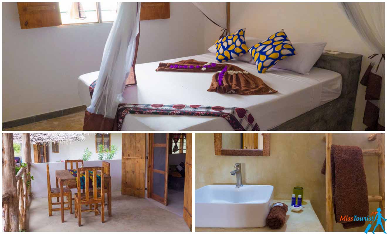 A collage of three photos of hotels in Zanzibar: hotel bedroom, dining area, and bathroom