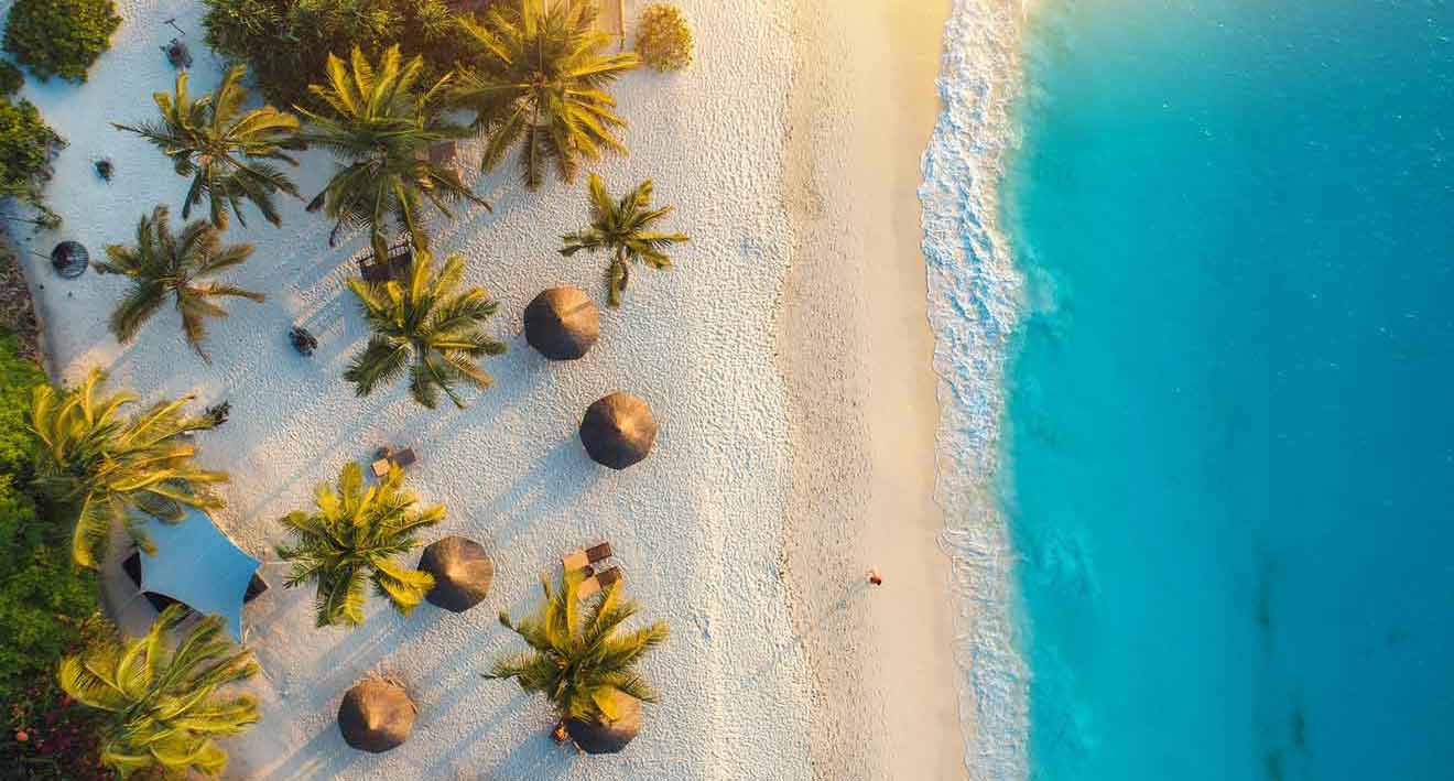 Aerial view of a sandy beach in Zanzibar with straw umbrellas and palm trees