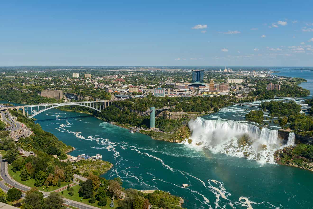 Panoramic view of Niagara Falls cityscape with the Rainbow Bridge spanning the Niagara River and the falls in the distance.