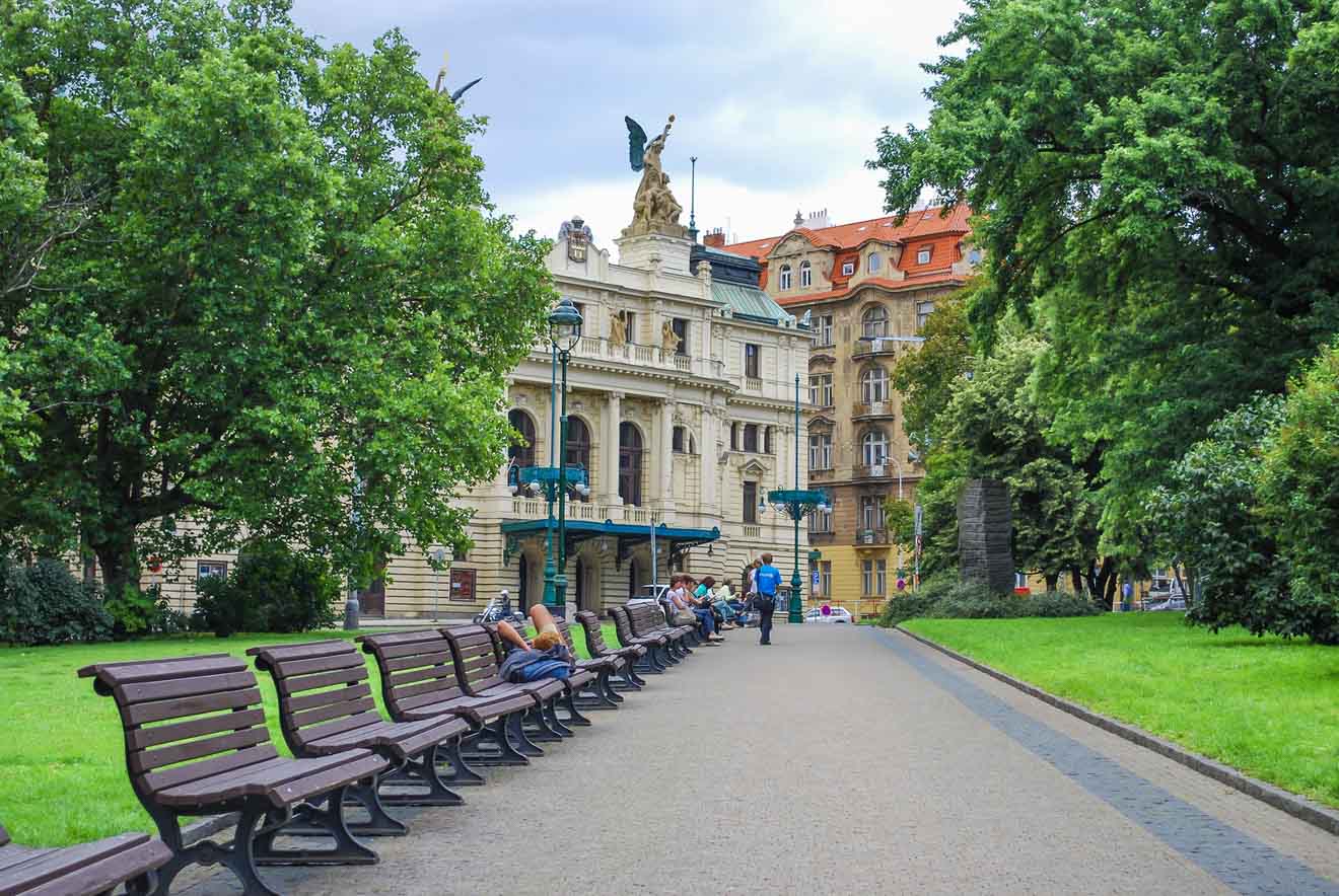 a street in a park with benches leading towards a theatre