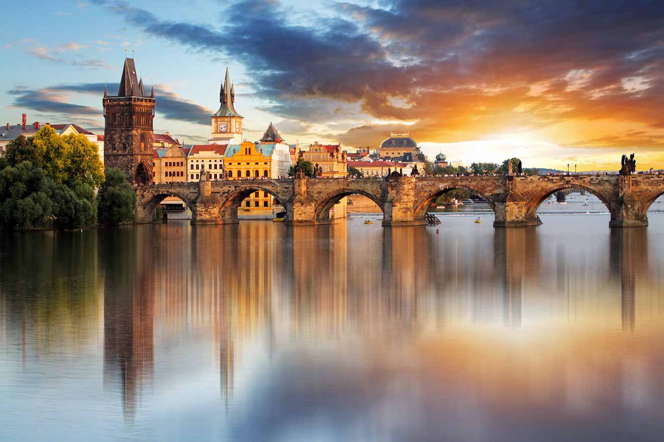 view of the charle's bridge in prague at susnet