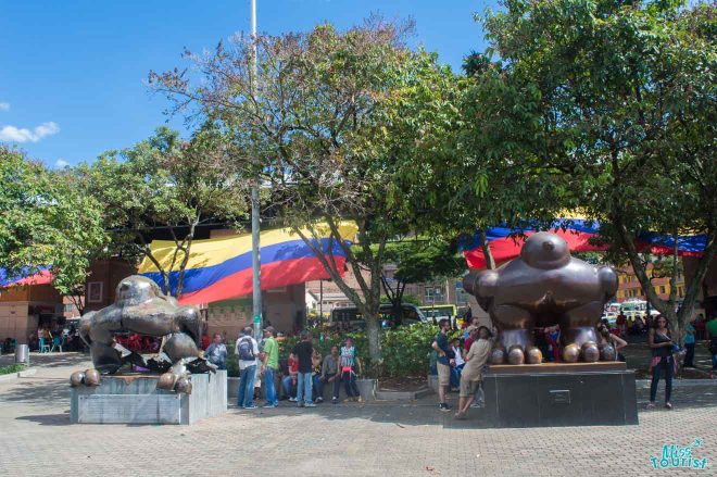 Photograph of Botero Plaza in Medellín, Colombia, showcasing Fernando Botero's iconic 'plump' sculptures