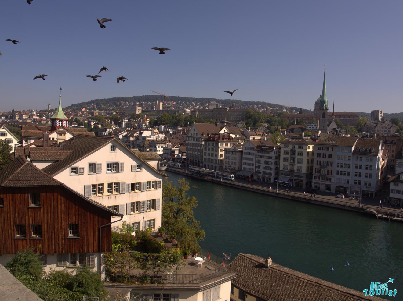A view over the rooftops of Zurich, with the Limmat river flowing through the city, and birds in flight above the historical architecture under a clear blue sky.