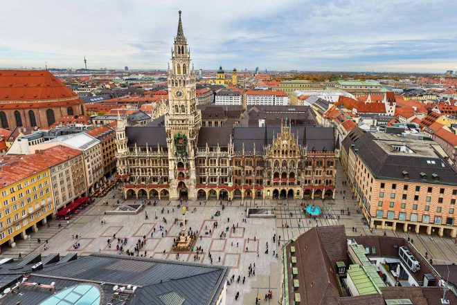 Aerial view of a square with a cathedral in the heart of Munich Old Town 