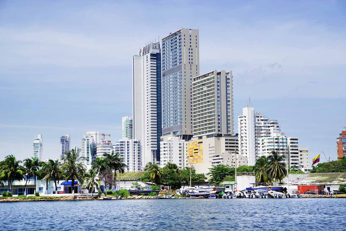 Modern waterfront skyline in Cartagena with a variety of architectural styles, representing the urban growth and development along the coastal cityscape