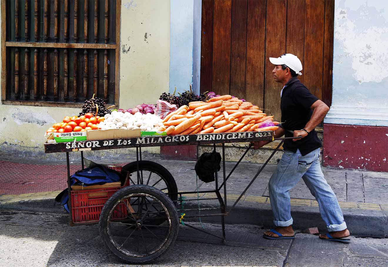 Street vendor pushing a cart laden with fresh carrots, onions, and other produce, a snapshot of local entrepreneurship and daily commerce in action