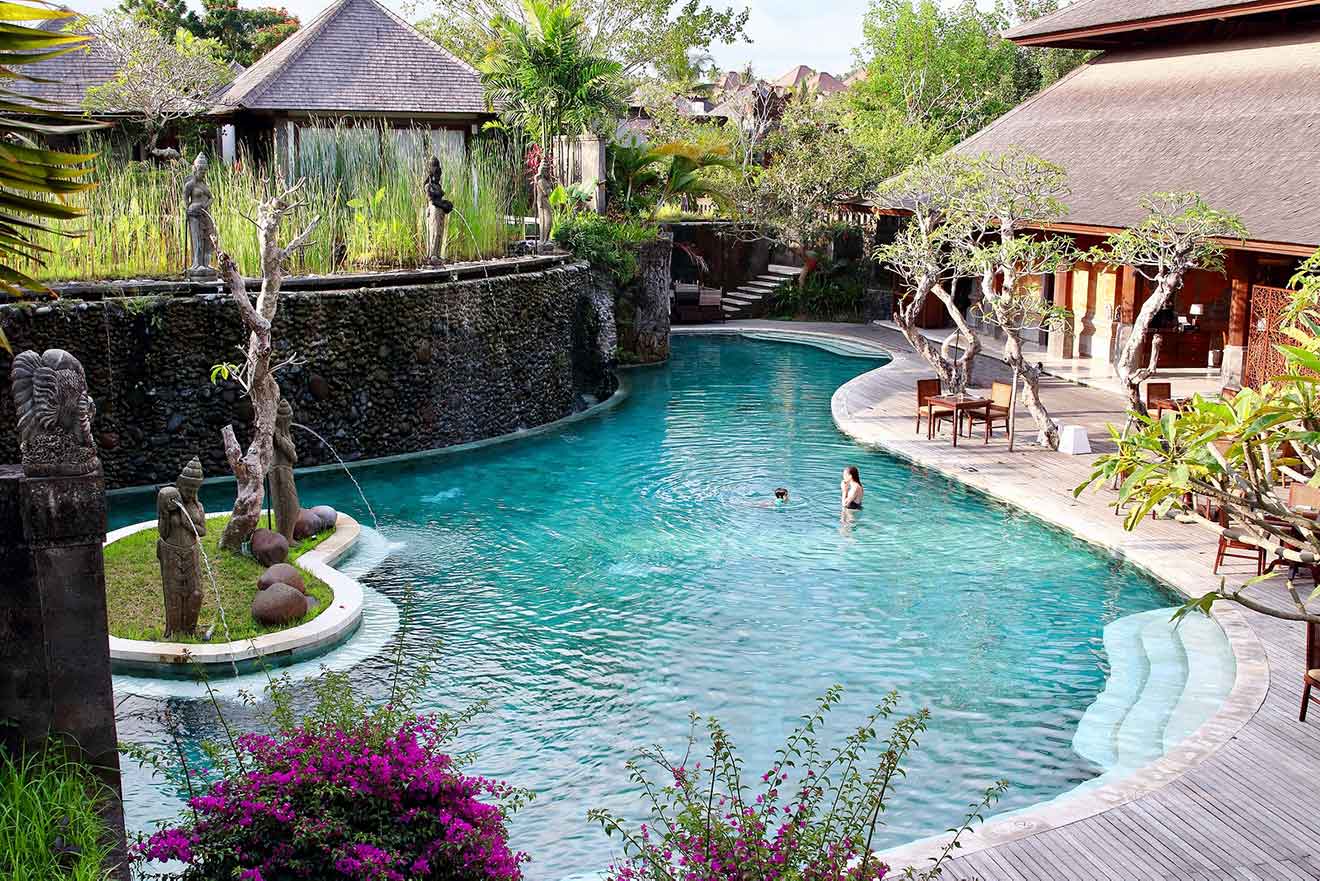 A swimming pool surrounded by trees and plants.