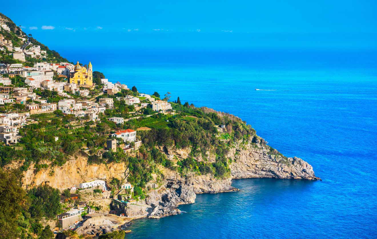 Distant view of the city of Praiano on the coast of Amalfi, Italy.
