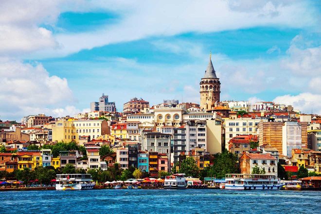 Scenic view of Istanbul's skyline with the Galata Tower prominent among the mix of traditional and modern buildings, as seen from across the Bosphorus