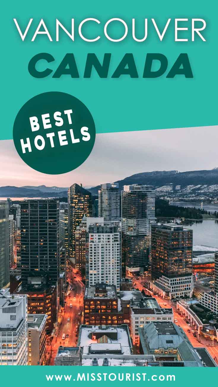 Pinnable image for a blog titled 'Vancouver Canada Best Hotels' with an aerial night view of Vancouver’s lit skyscrapers and streets.