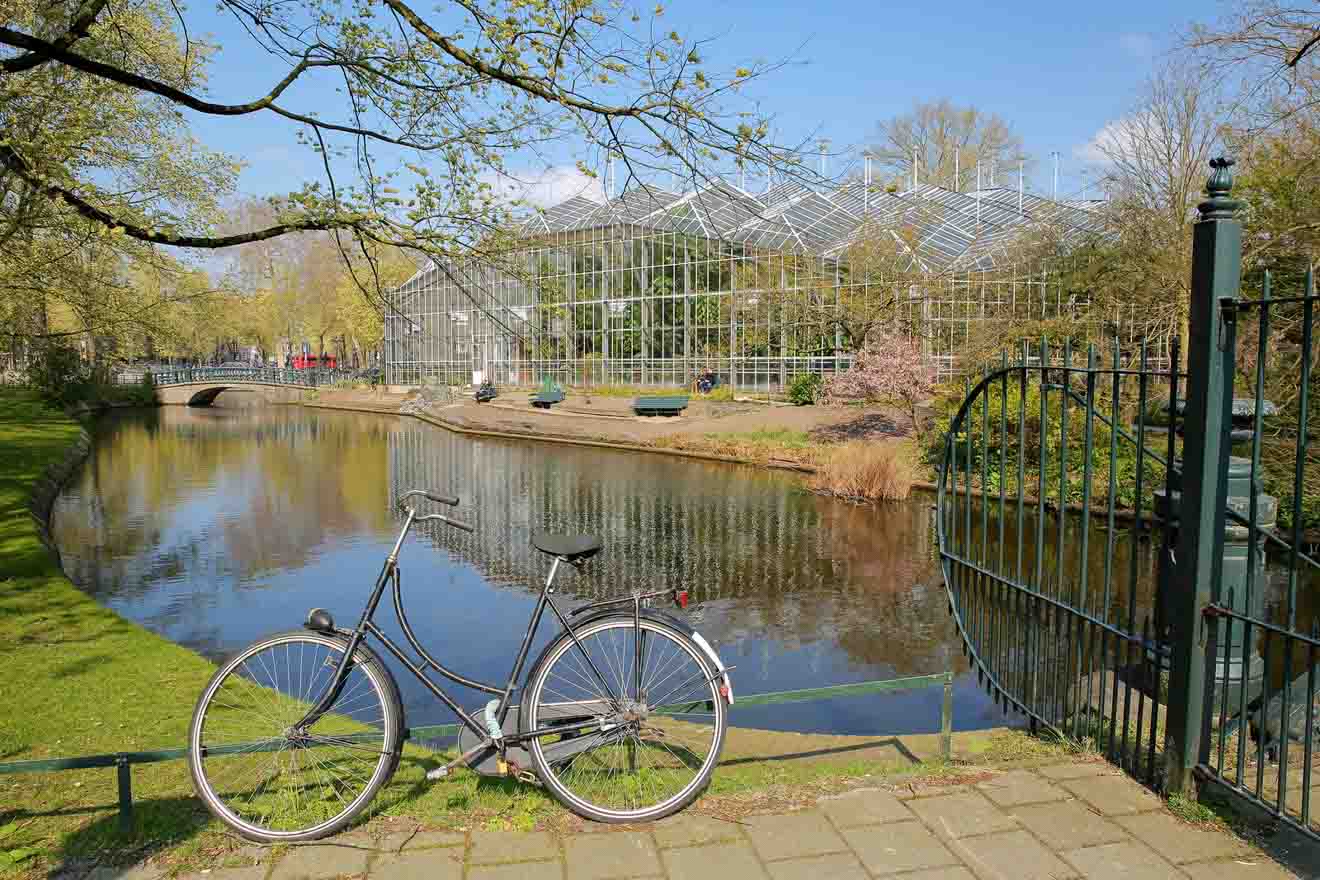 A tranquil scene with a classic bicycle leaning against a fence by a calm canal, with the glass structure of a greenhouse in the background, all under the clear blue sky of a peaceful day in Amsterdam