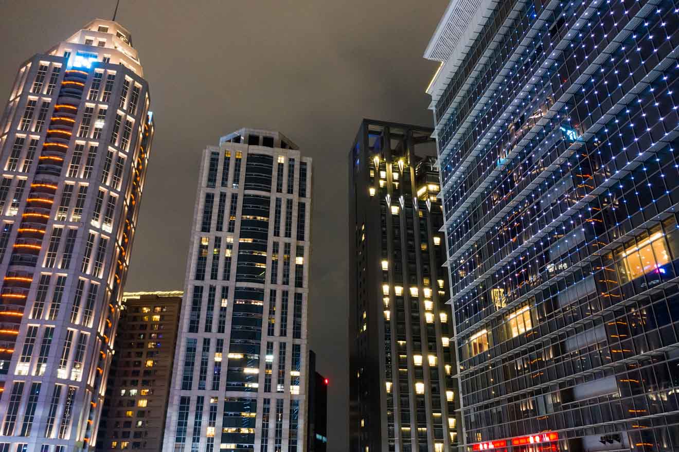Nighttime cityscape in Taipei with illuminated skyscrapers against a dark sky in an urban setting