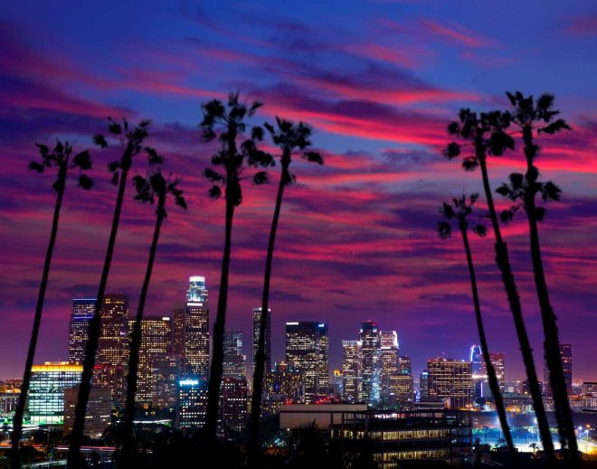 Downtown Los Angeles skyline against a dramatic sunset, with silhouettes of palm trees in the foreground, capturing the city's vibrant nightlife atmosphere.



