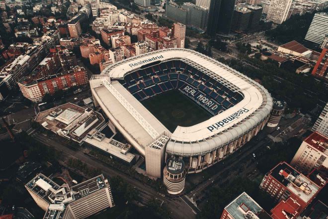 An aerial view of the real madrid stadium.