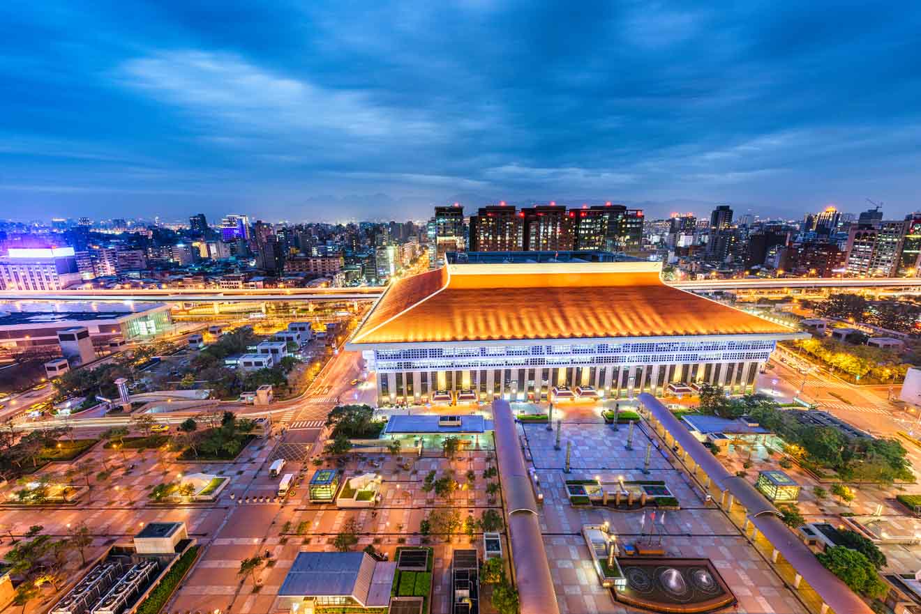 Illuminated view of the National Sun Yat-sen Memorial Hall at twilight in Taipei, Taiwan