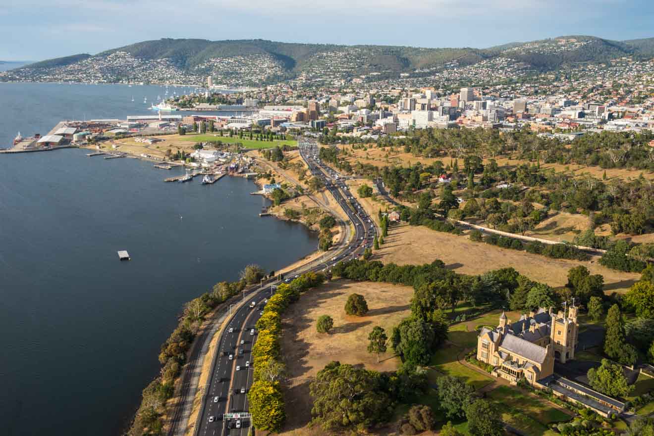 Aerial of Hobart showing Government House tasmania tour