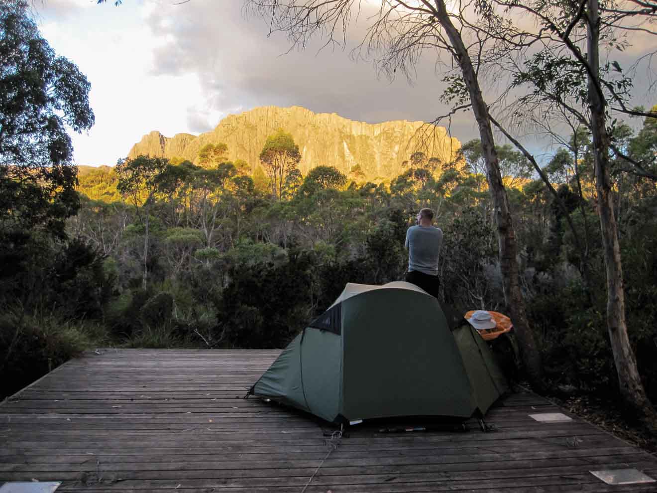 Cathedral Mountain at sunset, Overland Track Camping tour