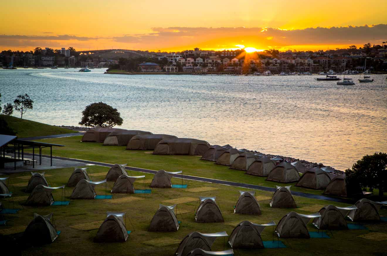 Cockatoo Island camping event at sunset