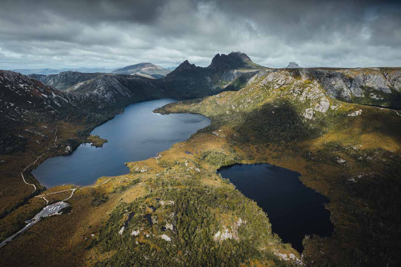 Dove and Crater Lake Cradle Mountain Overland track Aerial view