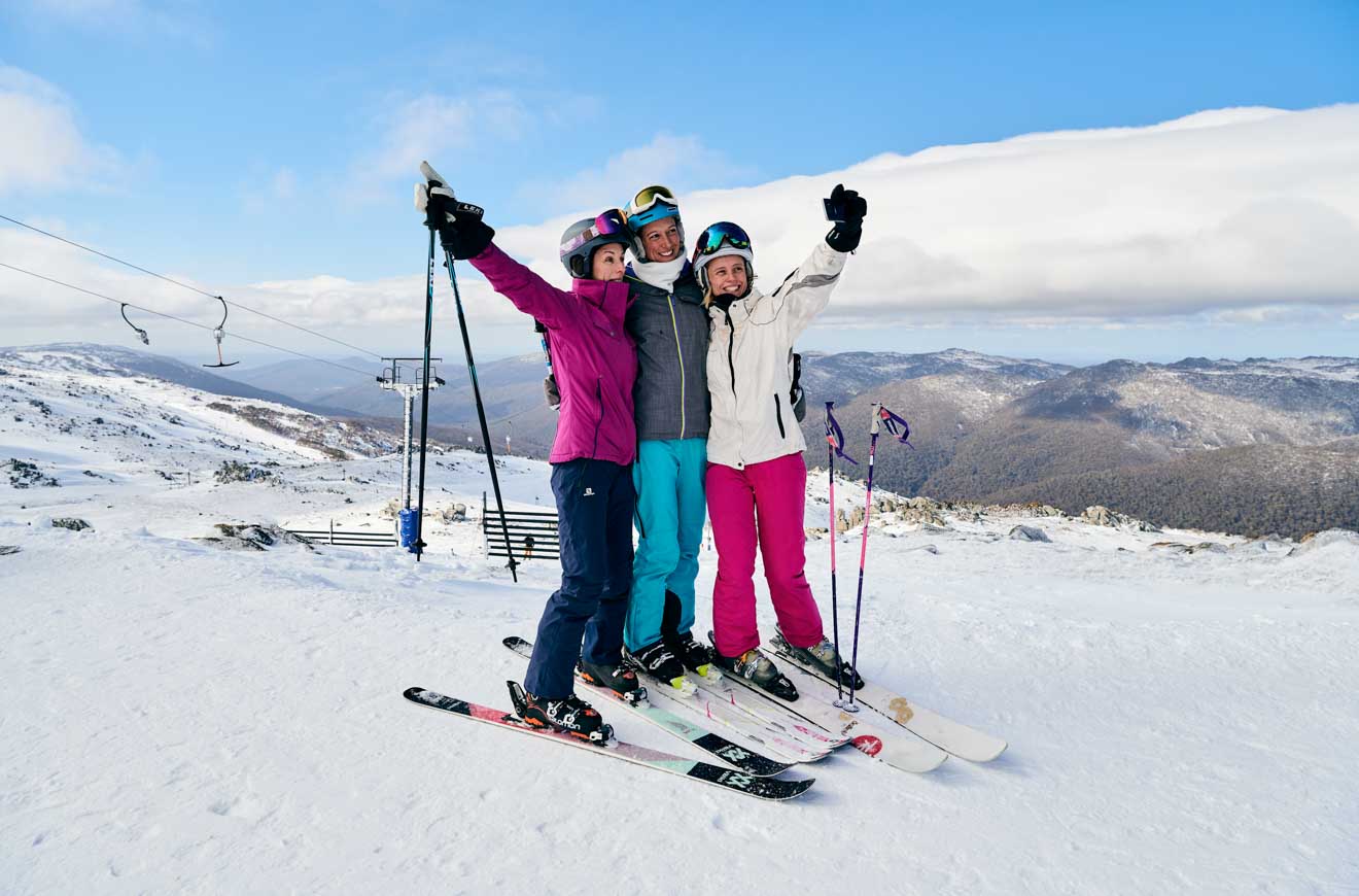 Skiers at Thredbo in the Snowy Mountains lift pass