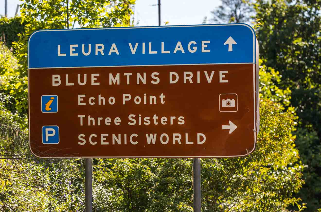 Tourist road signs near Leura in the Blue Mountains NSW Australia