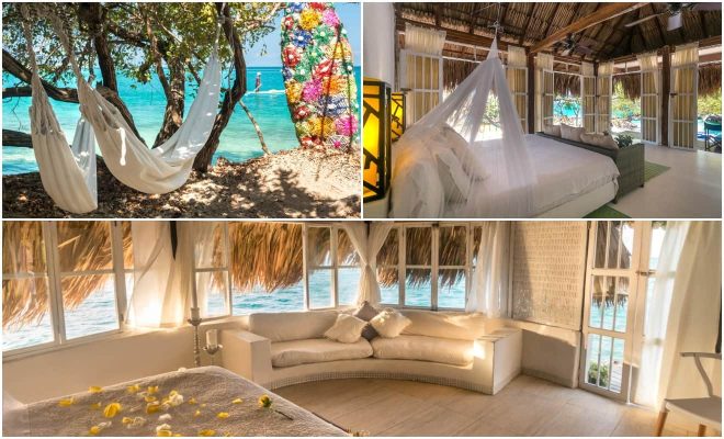 A collage of three hotel photos to stay in Cartagena: two hammocks strung between trees on a secluded beach, an airy beachfront room with a mosquito net and lounge sofa, and a bright room with a cozy couch and natural light filtering through thatched window coverings.