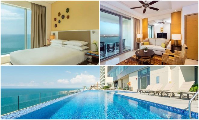 A collage of three hotel photos to stay in Cartagena: a room with a plush bed and a stunning sea view, a stylish living area with floor-to-ceiling windows overlooking the coast, and an infinity pool blending into the ocean horizon.