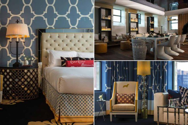 A collage of three hotel photos to stay in Philadelphia: An interior view showcasing a mix of classic and contemporary design elements in a bedroom, a sleek and modern hotel lobby with vibrant seating areas, and a tastefully decorated bedroom with plush bedding and artistic wall decor.