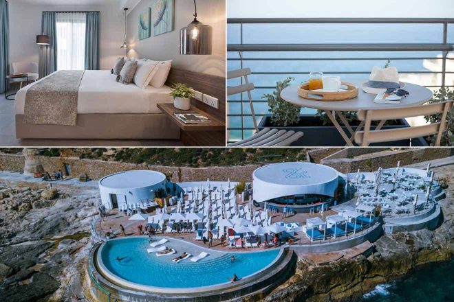 Hotel collage showing a modern bedroom, a balcony with a table set for breakfast, and an outdoor pool area overlooking the sea.