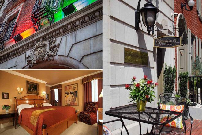 A collage of three hotel photos to stay in Philadelphia: A quaint boutique hotel exterior at dusk, a cozy bedroom with warm lighting and classic furnishings, and a charming outdoor seating area with vibrant flowers.