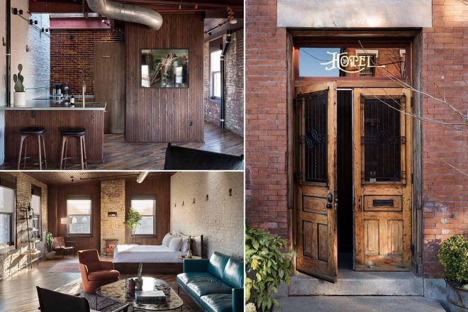 A collage of three hotel photos to stay in Philadelphia: A rustic-chic hotel bar with exposed brick and wooden accents, a bright and airy bedroom with industrial design elements, and a comfortable lounge area with a mix of vintage and modern styles.