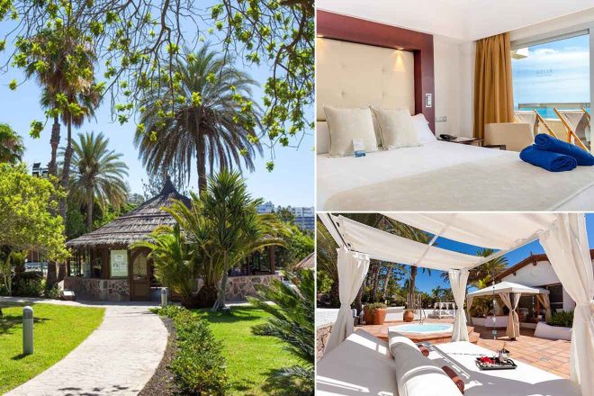 Collage of 3 pics of luxury hotel in San Agustín: a lush garden leading to a thatched-roof building, a modern hotel room with ocean view, and an outdoor lounge area with white canopy beds by a pool.