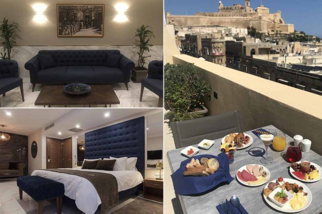 Collage of three images: a living room with a sofa, a bedroom with a blue headboard, and a rooftop terrace dining setup with scenic views of a historic fortress in the background.